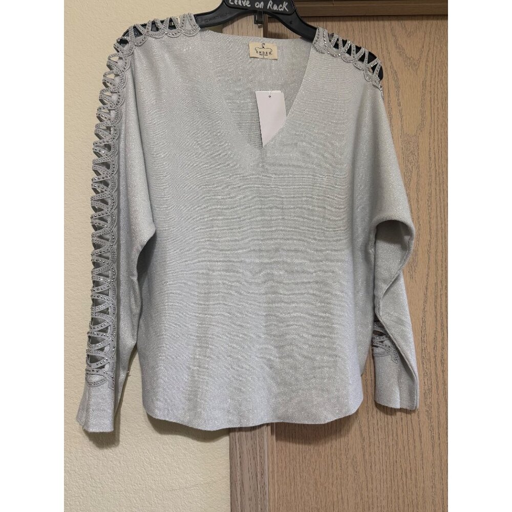 Ember Women’s Silver Metallic V-Neck Sweater, Size Large — Cutout Sleeve Detail,